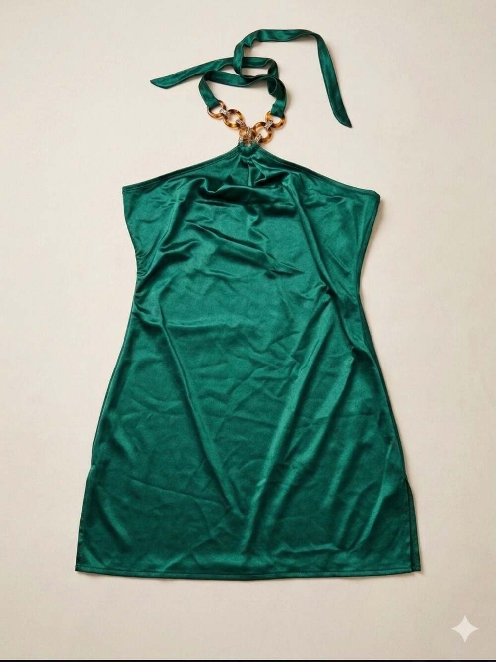 Yodnbu Emerald Green Satin Halter Mini Dress with Tortoise Ring Detail.